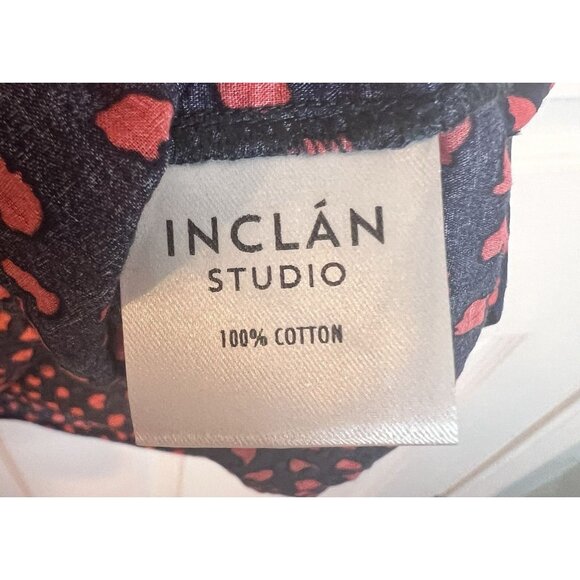 Inclan Studio Red Navy Blouse Top L 100% Cotton Short Sleeves Tie Waist V-Neck - Picture 7 of 8